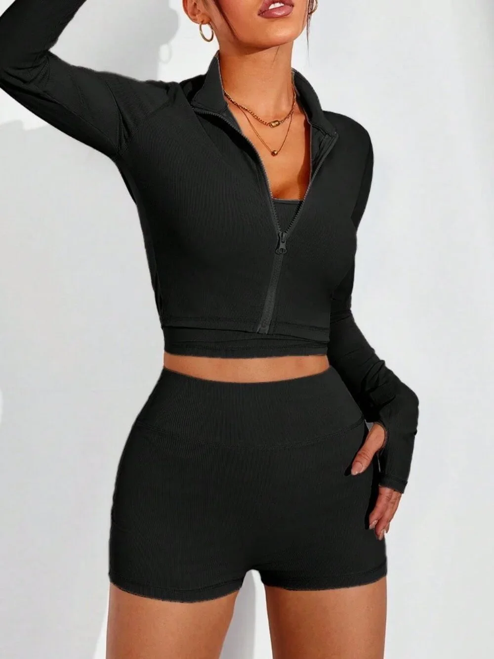 Black Yoga Women's U-Neck Tank Top, High Waist Shorts & Thumb Hole Jacket Set